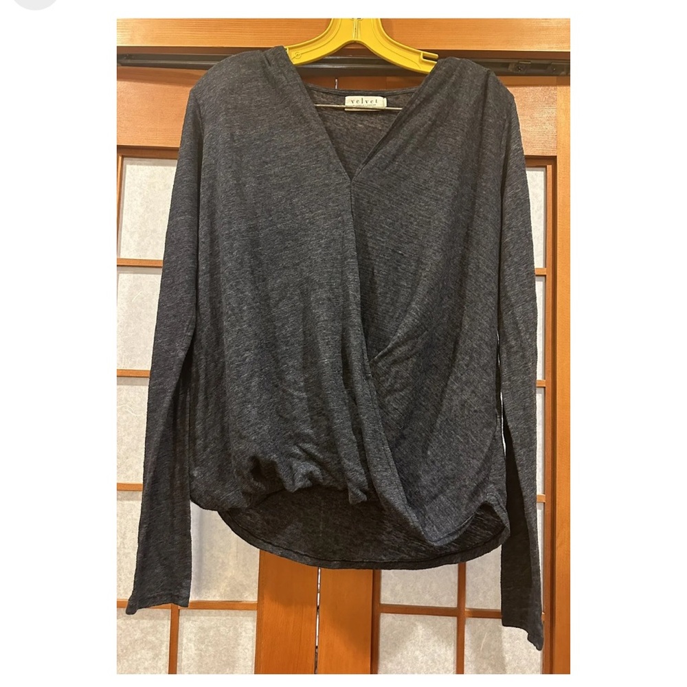 Velvet Graham & Spencer Small Top Blue Surplice Wrap V Neck Long Sleeve USA